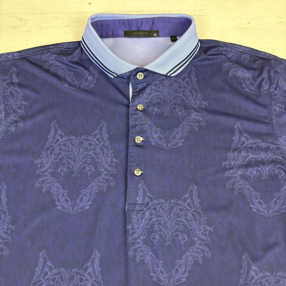 Greyson Polo Shirt Mens XL Purple Wolf Print Golf Performance Short Sleeve